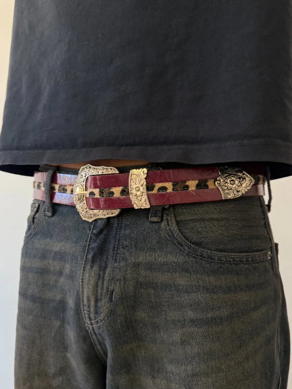 Wine Red Leopard Print Antique Western Belt